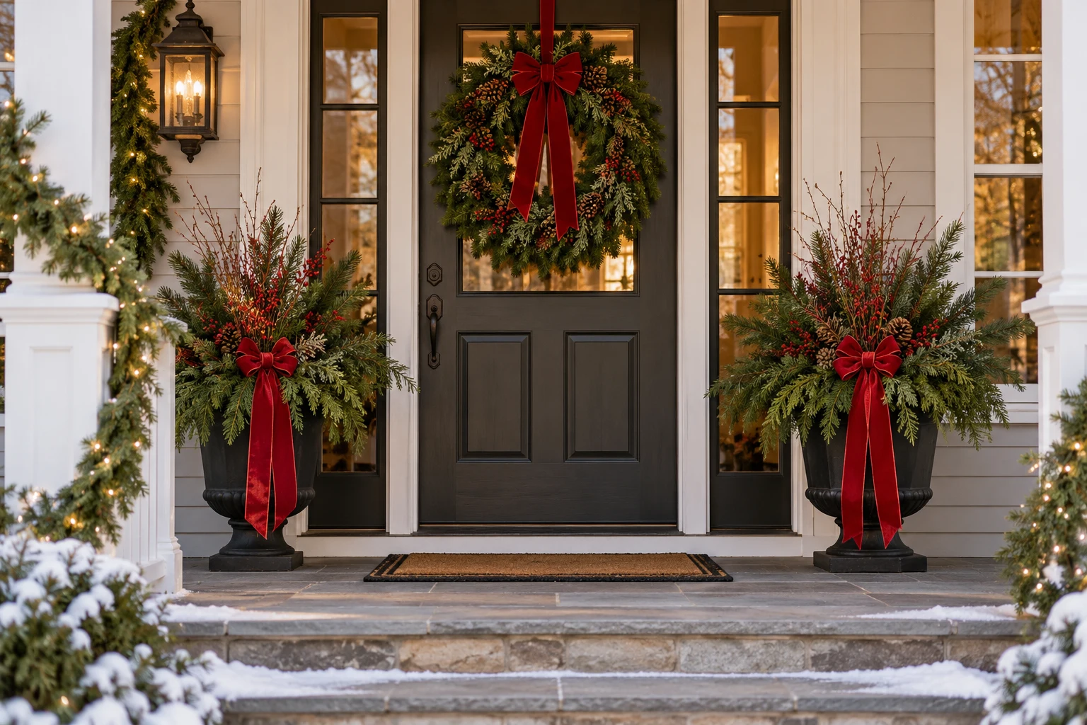 Classic Christmas Front Porch Decor with Evergreens — editorial illustration