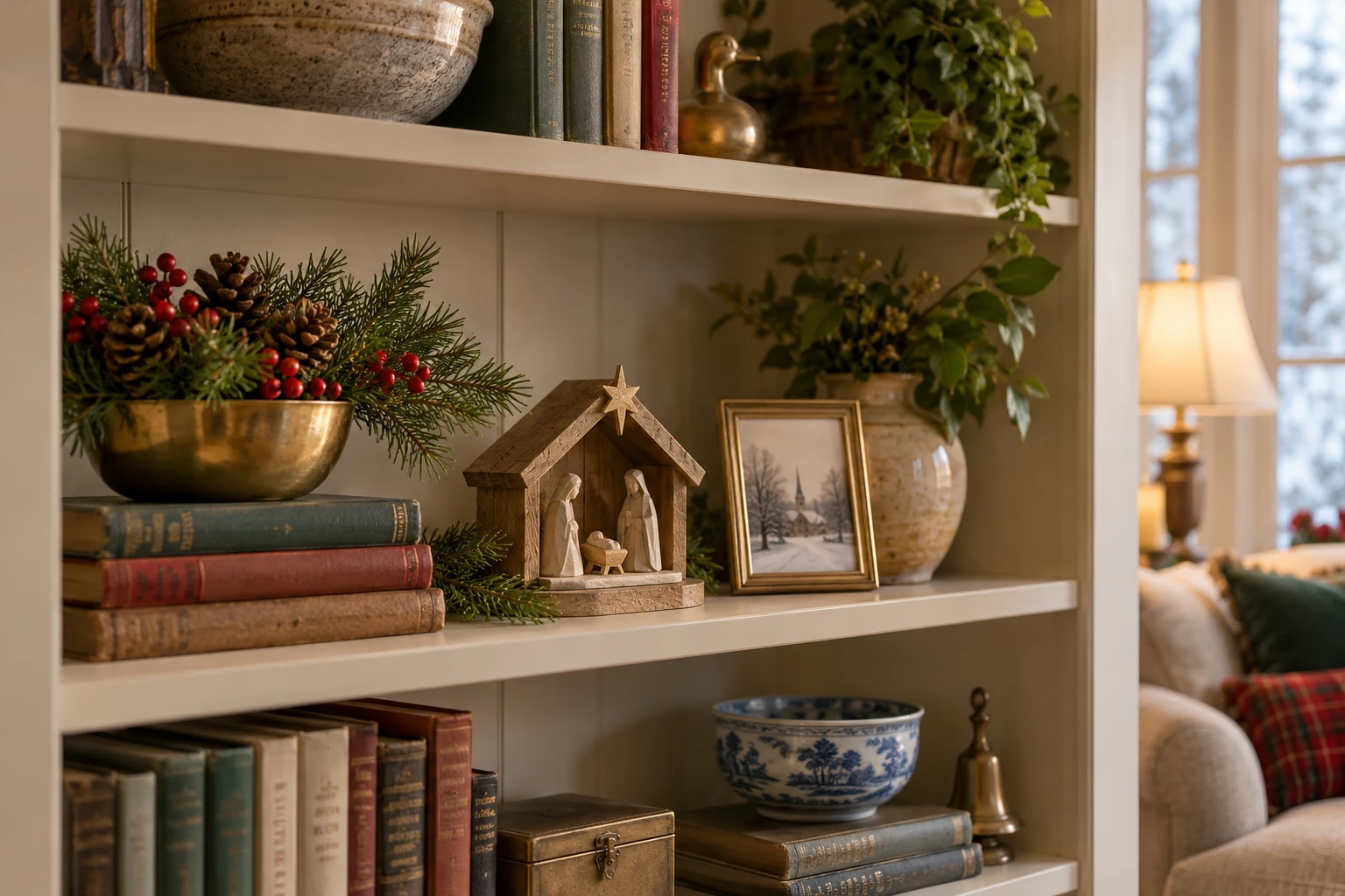 Christmas Shelf Styling with Books and Favorite Keepsakes — editorial illustration