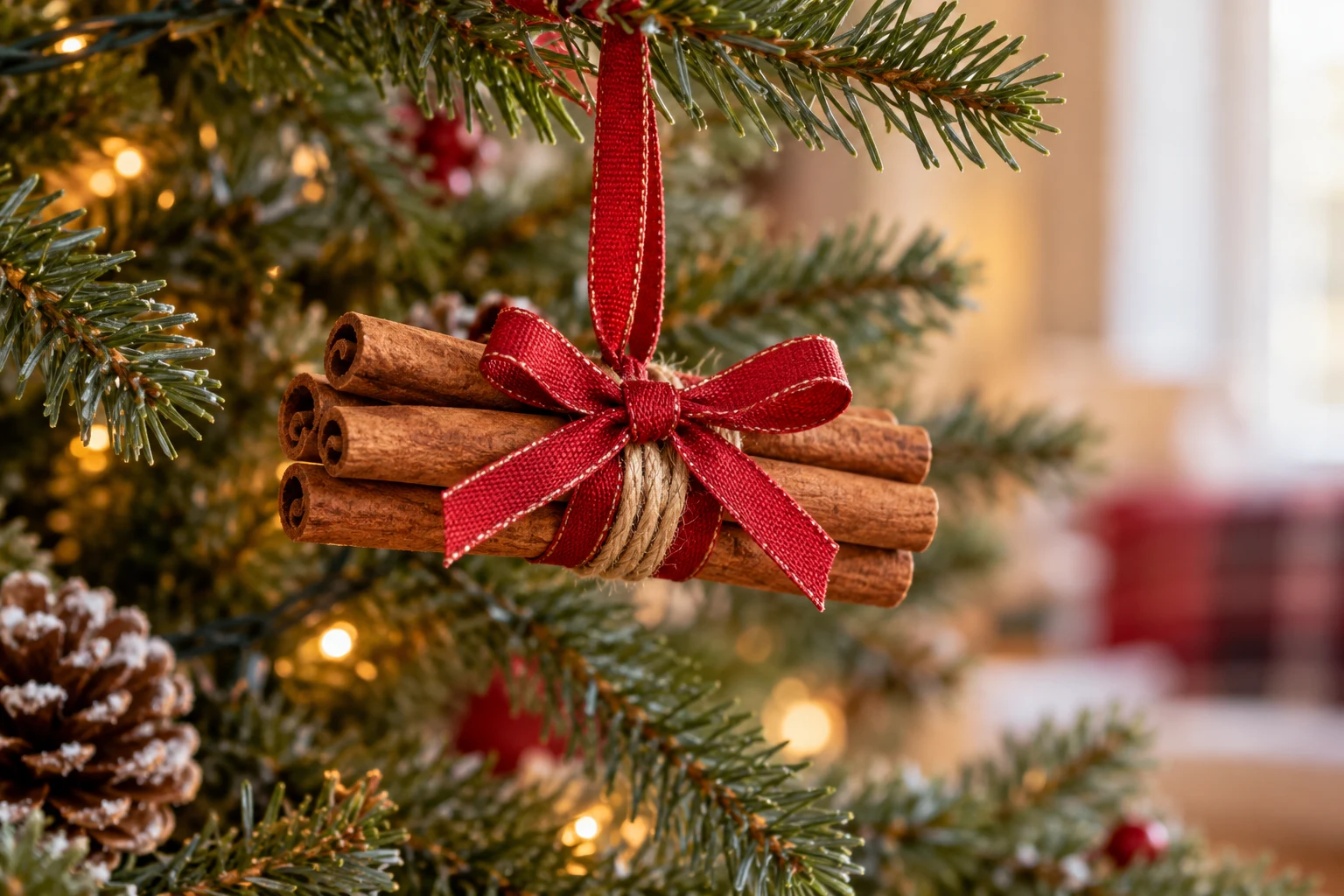 Cinnamon Stick Christmas Ornaments with Ribbon Loops — editorial illustration