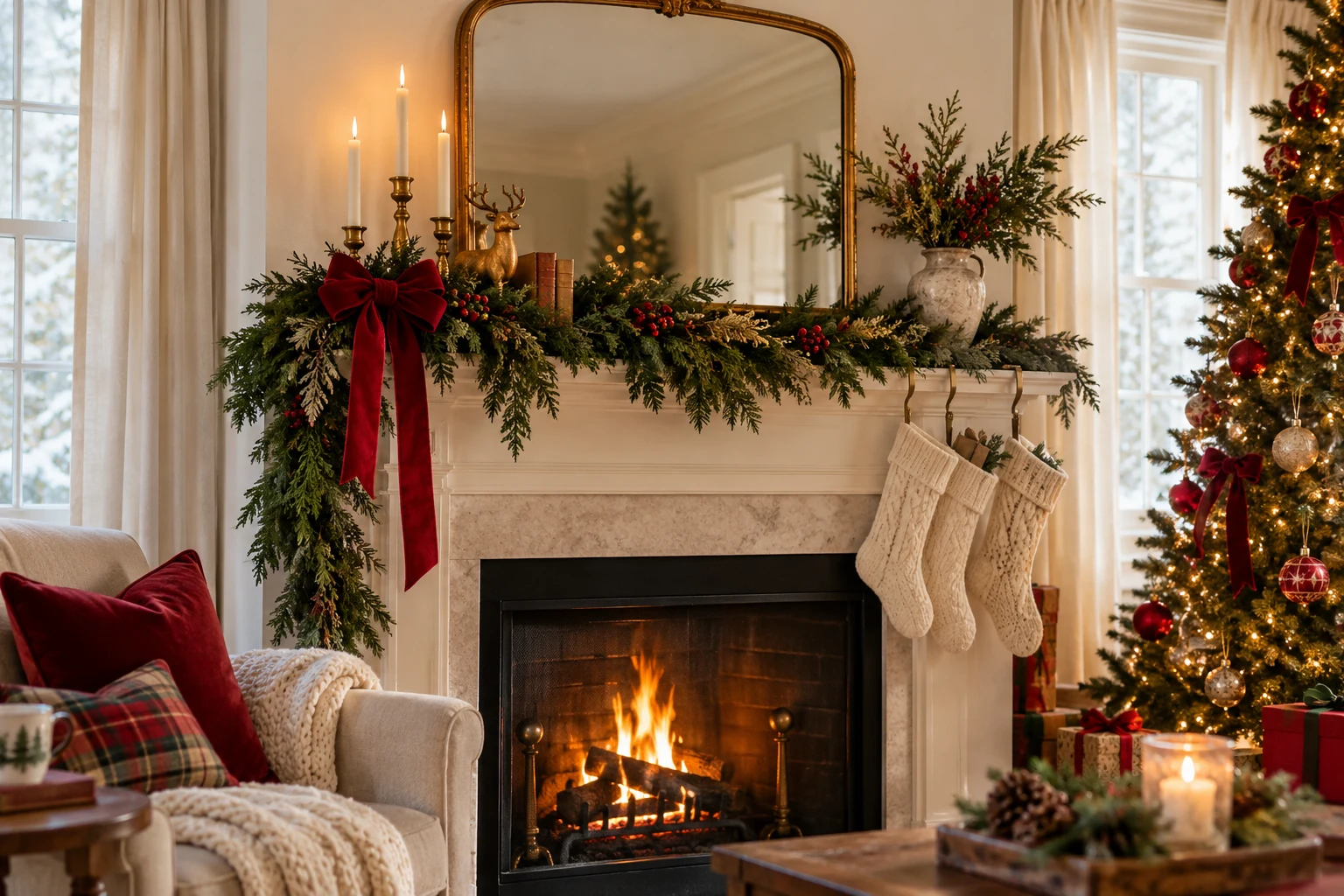 Cozy Christmas Mantel Decor with Greenery and Classic Ribbon — editorial illustration