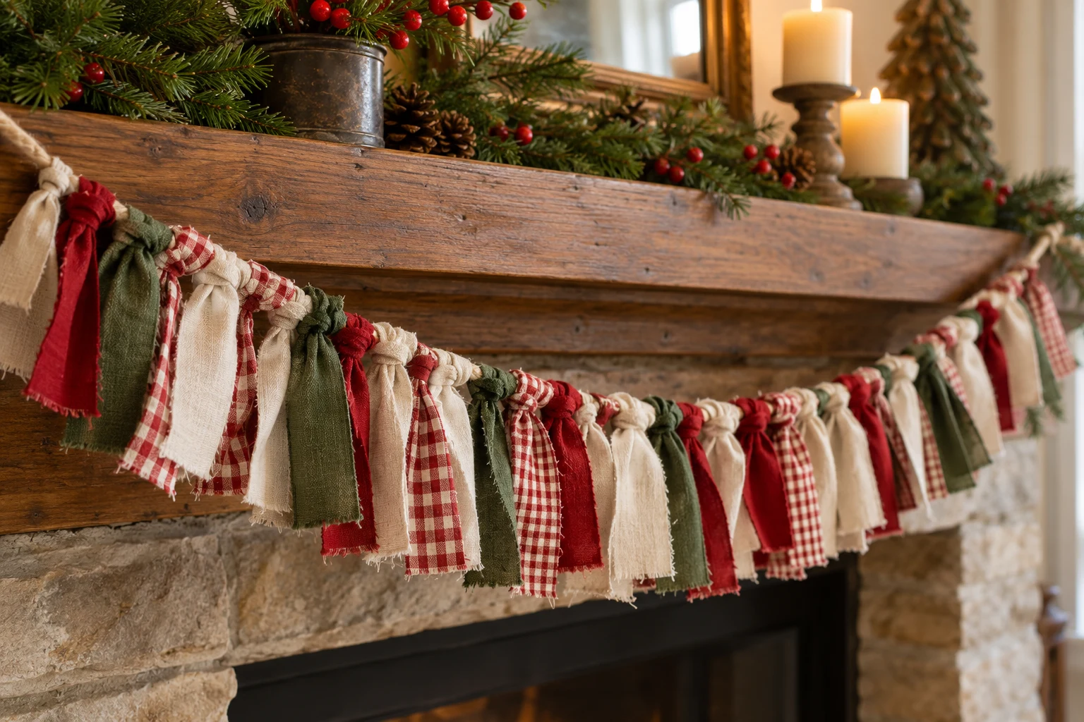 Fabric Scrap Christmas Garland with Linen and Gingham — editorial illustration