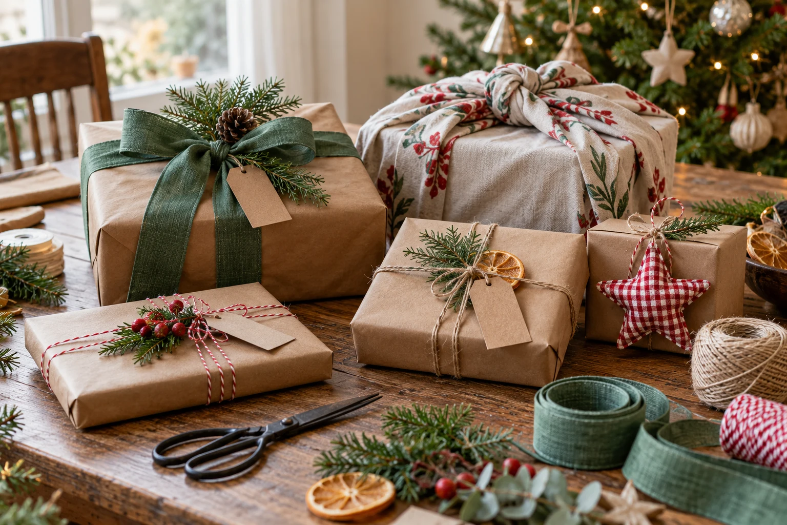 Natural Christmas Gift Wrapping Ideas with Kraft Paper and Ribbon — editorial illustration