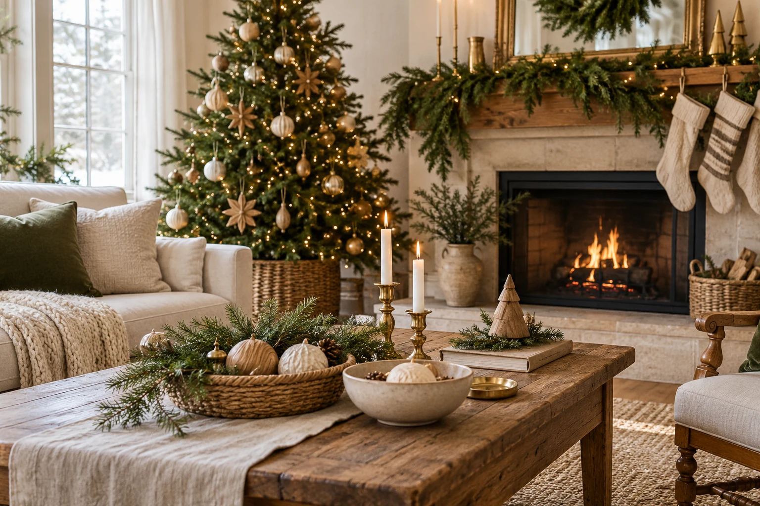 Neutral Christmas Decor with Wood, Linen, and Greenery — editorial illustration