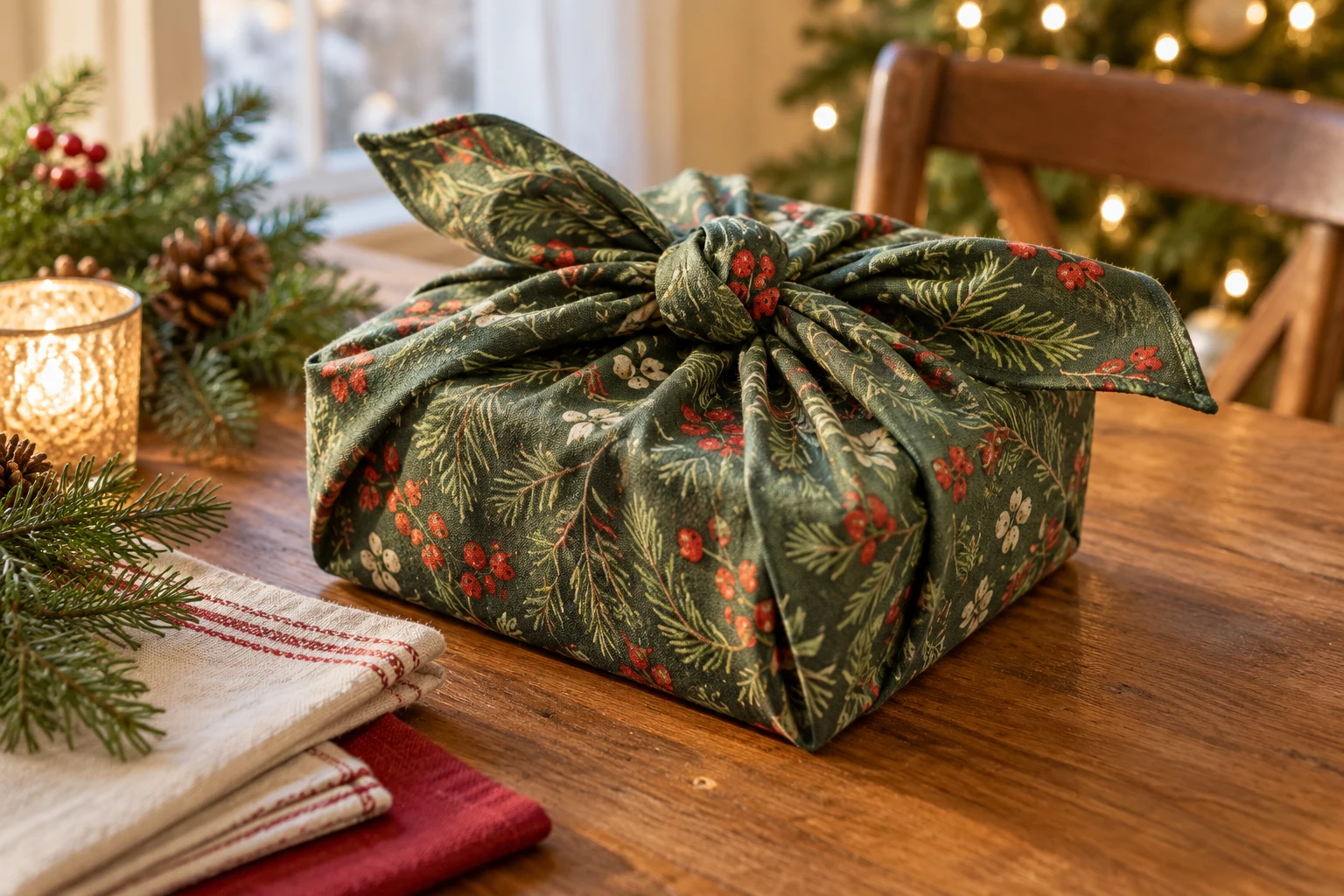 Reusable Fabric Gift Wrap with an Easy Square-Cloth Knot — editorial illustration