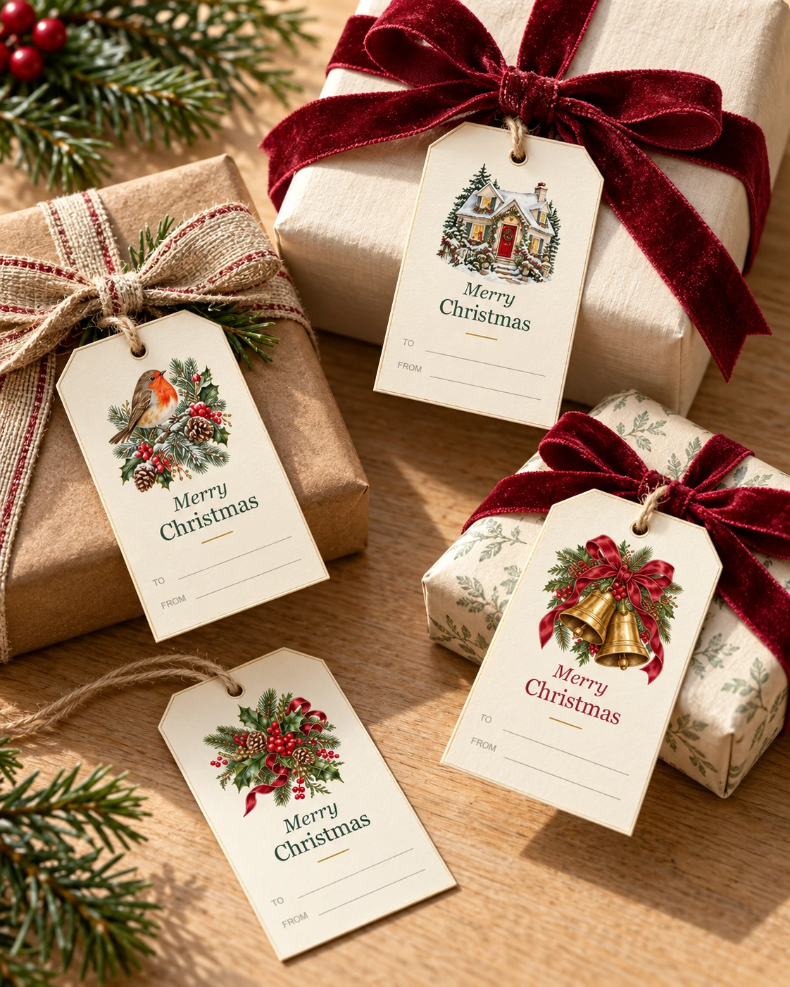 Watercolor cottage, robin, bells and holly gift tags styled on Christmas presents with velvet and linen ribbon