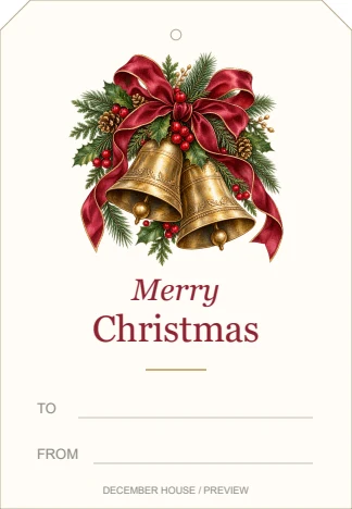 Golden bells watercolor-style gift tag with Merry Christmas greeting and blank To and From lines