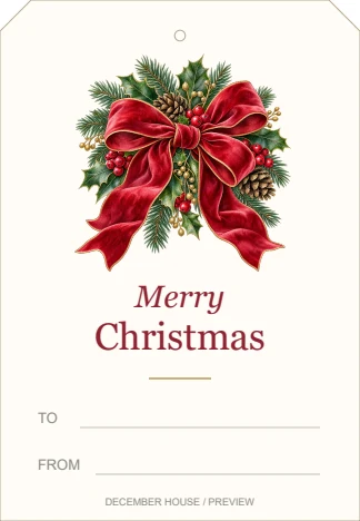 Velvet ribbon watercolor-style gift tag with Merry Christmas greeting and blank To and From lines