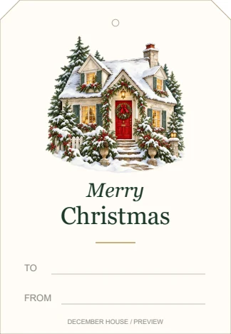 Snowy cottage watercolor-style gift tag with Merry Christmas greeting and blank To and From lines