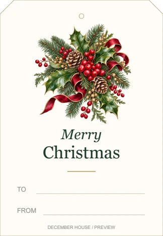 Winter holly watercolor-style gift tag with Merry Christmas greeting and blank To and From lines
